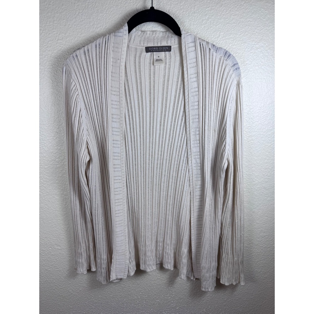 Sigrid Olsen Cardigan Sweater Women Medium White‎ Silk Cotton Ribbed Minimalist